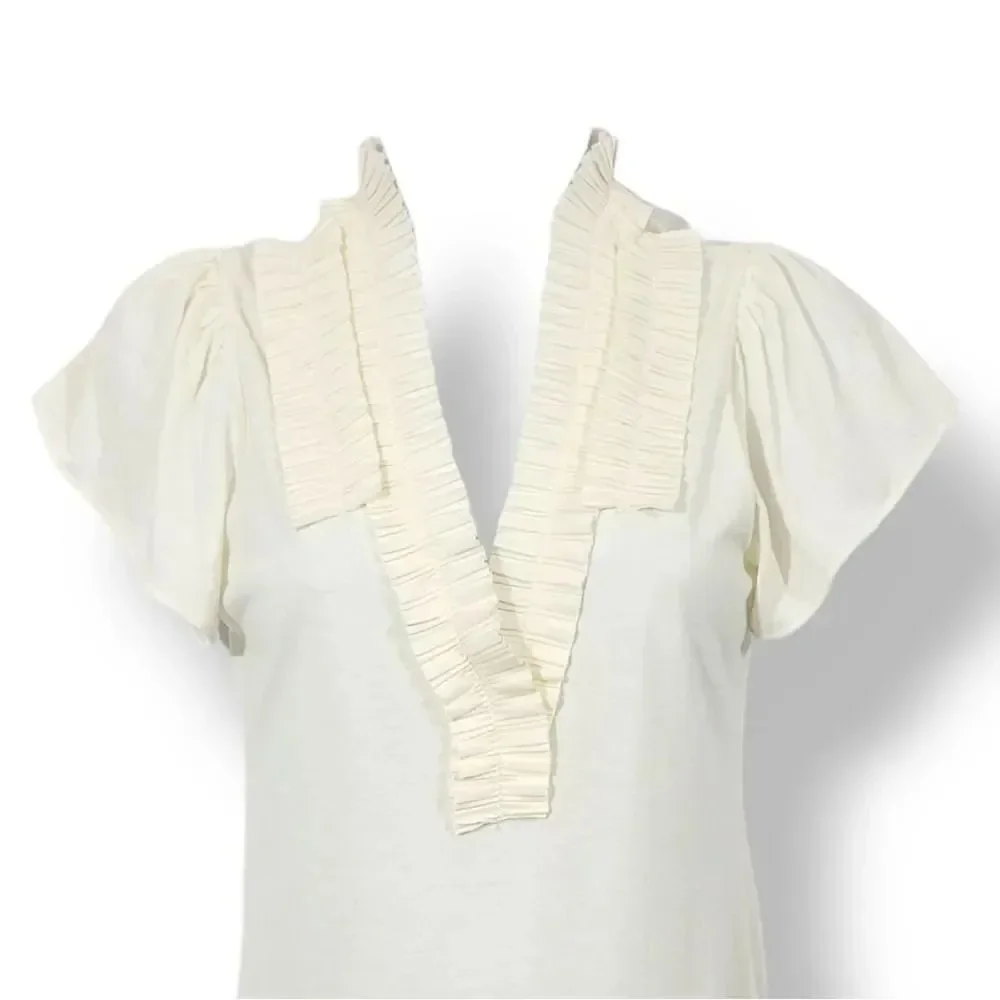 NEW Vintage Y2K Banana Republic Ruffle Pleat Flutter Sleeve Top In Ivory Size XS